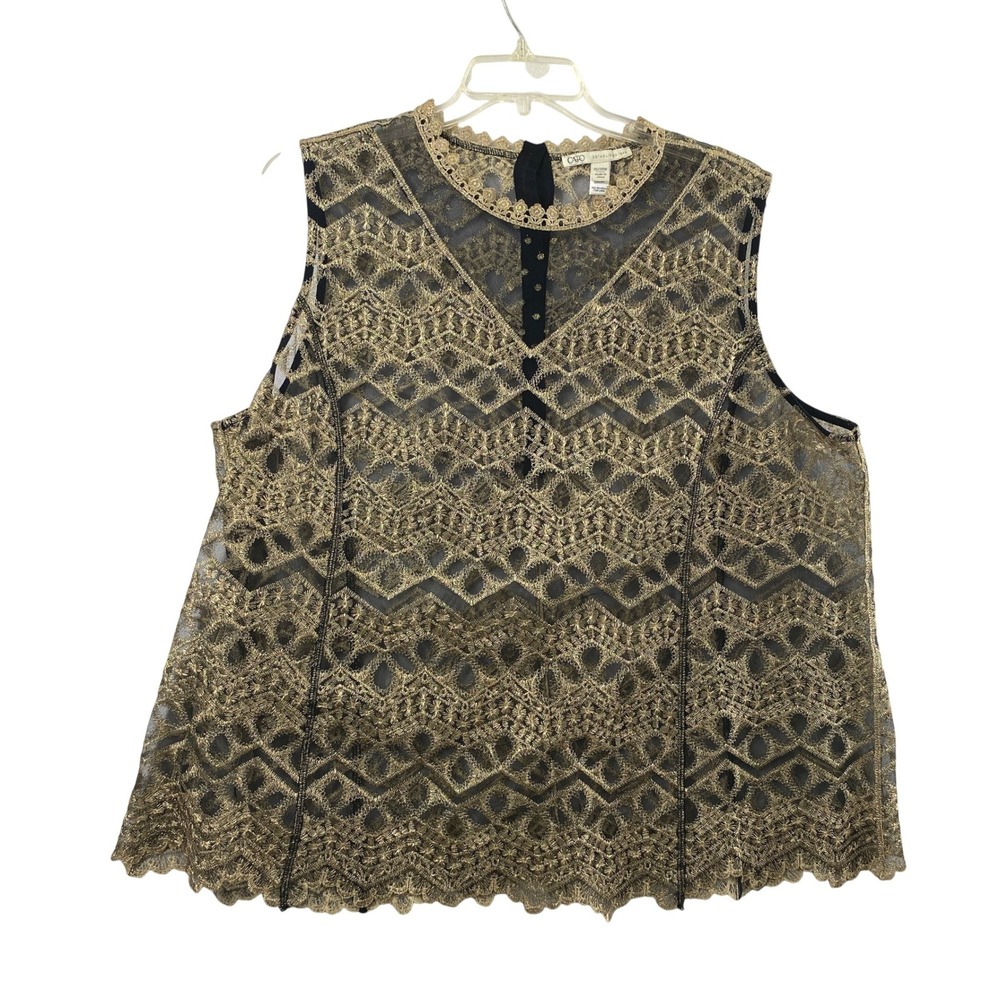 Cato Black Gold Metallic Embroidered Sheer Mesh Sleeveless Top Women Plus 26/28W